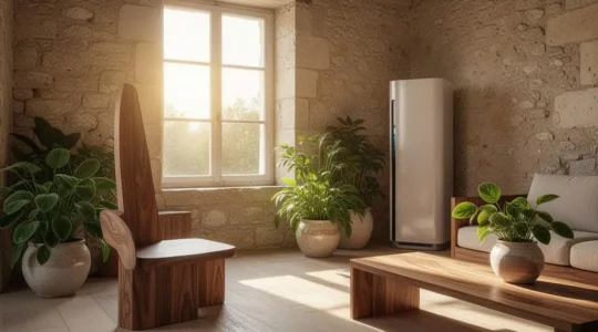 Salon lumineux d'une maison française avec une unité intérieure de climatisation réversible discrète, ambiance confortable en toute saison