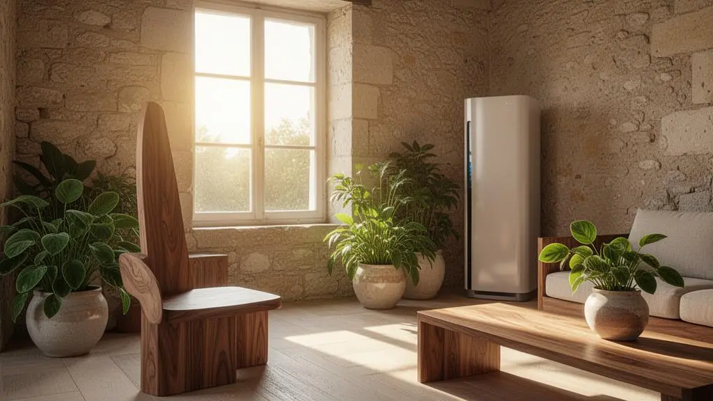 Salon lumineux d'une maison française avec une unité intérieure de climatisation réversible discrète, ambiance confortable en toute saison