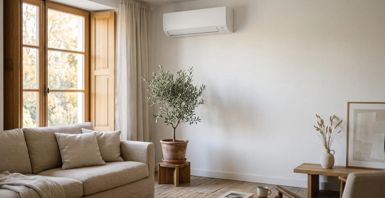 Salon lumineux et épuré avec une unité de climatisation murale discrète, illustrant les critères de choix d'un climatiseur pour un foyer français