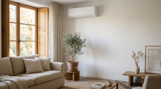 Salon lumineux et épuré avec une unité de climatisation murale discrète, illustrant les critères de choix d'un climatiseur pour un foyer français