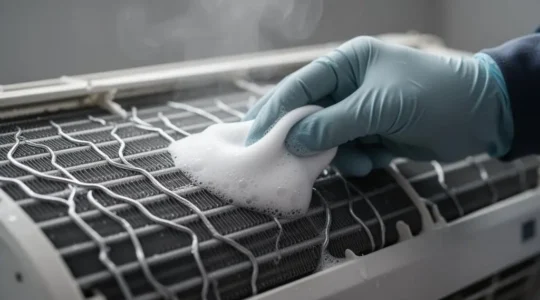 Mains gantées appliquant un produit désinfectant en mousse sur l'échangeur ouvert d'un climatiseur, dans un rendu éditorial soigné