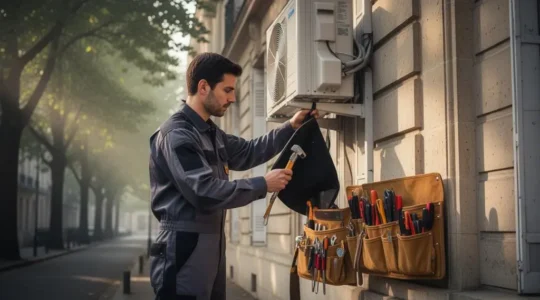 Technicien certifié RGE installant une unité de climatisation réversible sur la façade d'une maison française