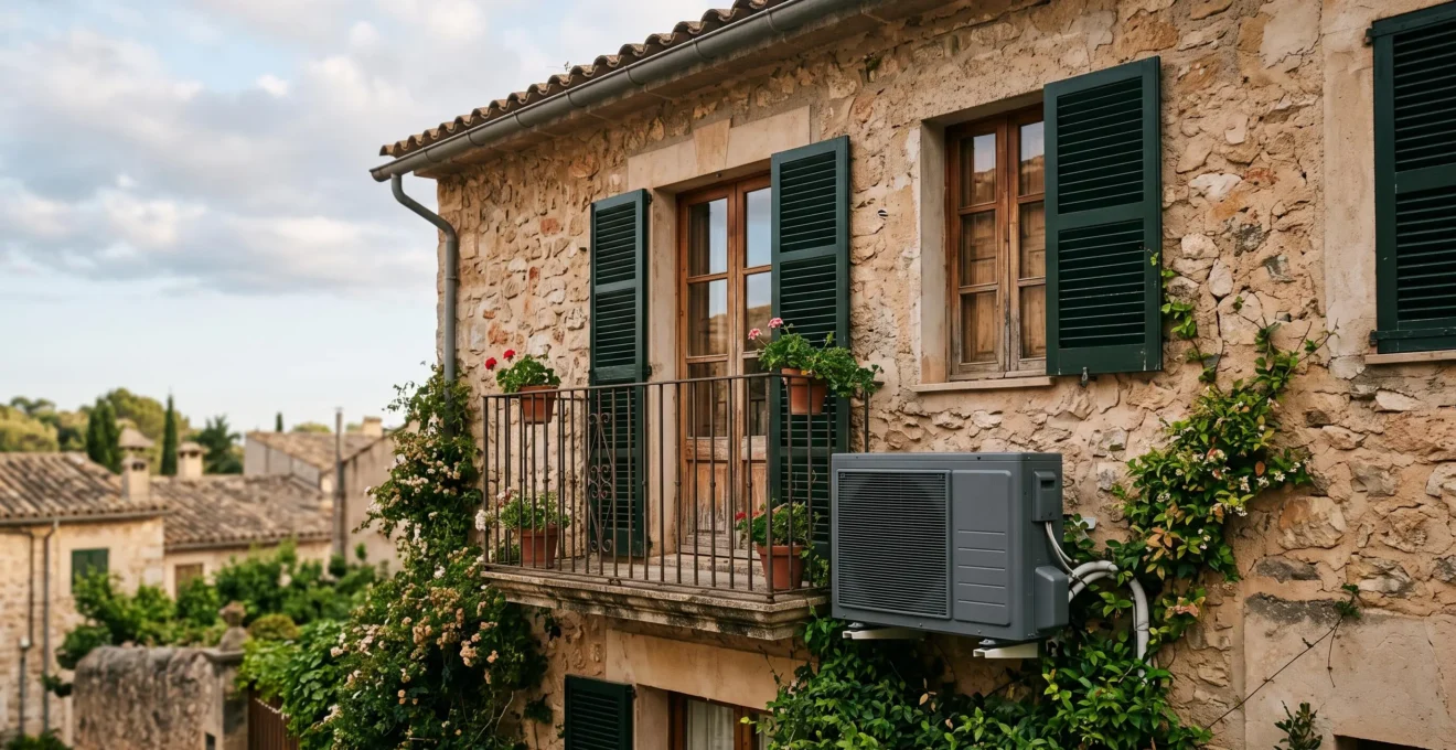Unité extérieure de climatisation discrètement installée sur une façade résidentielle, dans un cadre paisible sans conflit de voisinage