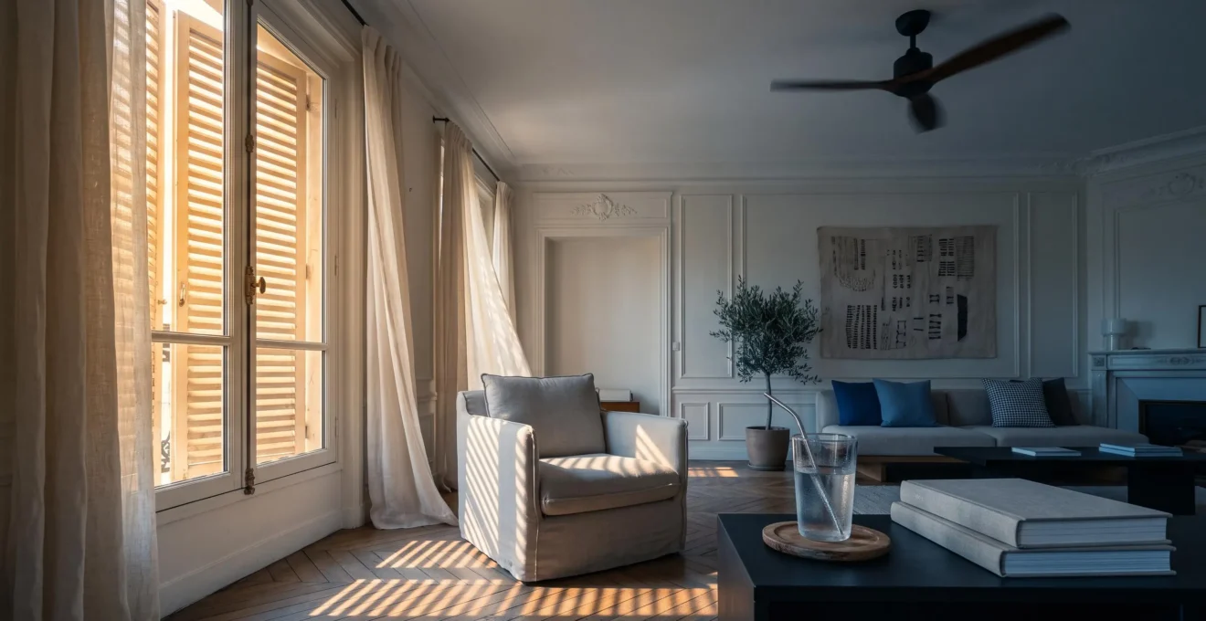 Intérieur français frais et lumineux pendant une canicule, illustrant la maîtrise de la climatisation et de la facture d'électricité