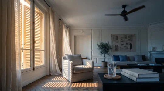 Intérieur français frais et lumineux pendant une canicule, illustrant la maîtrise de la climatisation et de la facture d'électricité