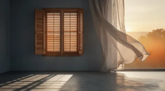 Salon baigné de lumière douce avec volets mi-clos protégeant de la chaleur exterieure, ambiance fraiche et apaisante