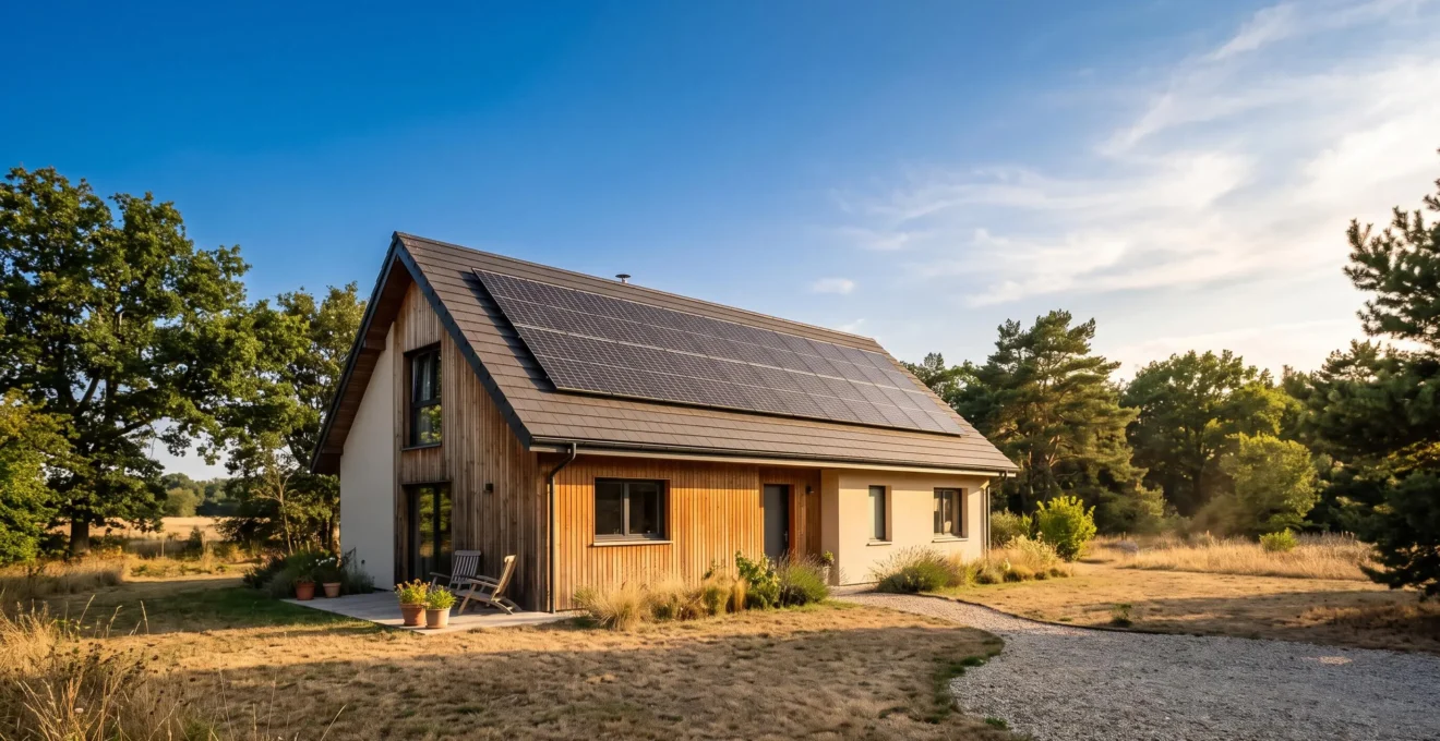 Maison individuelle moderne avec panneaux solaires en toiture sous un ciel d'été, symbolisant l'autonomie energetique face aux hausses tarifaires