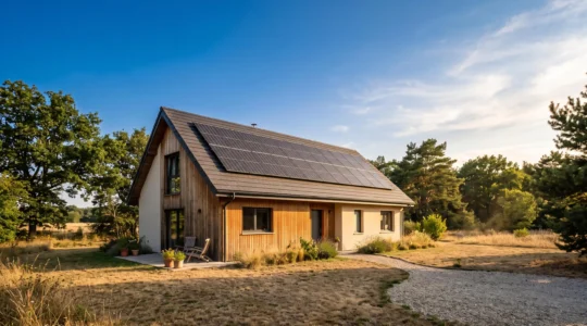 Maison individuelle moderne avec panneaux solaires en toiture sous un ciel d'été, symbolisant l'autonomie energetique face aux hausses tarifaires
