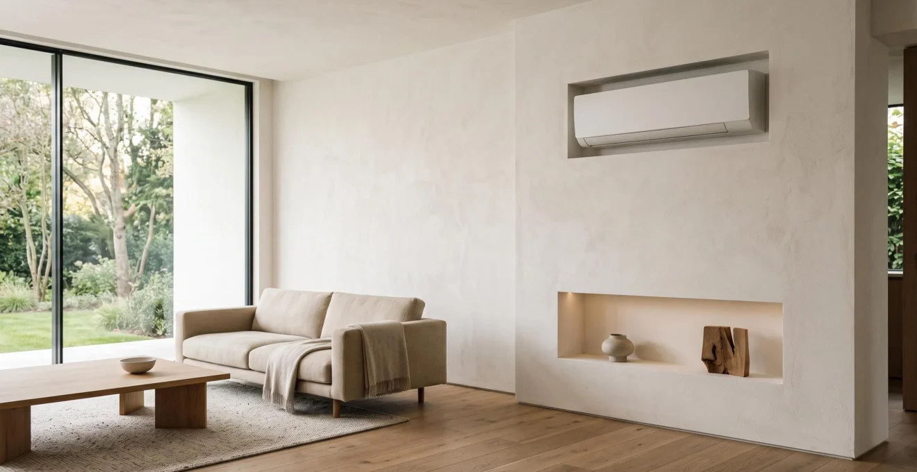 Unite interieure de climatisation discretement integree dans un salon a la decoration soignee