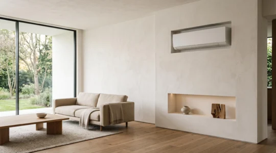 Unite interieure de climatisation discretement integree dans un salon a la decoration soignee