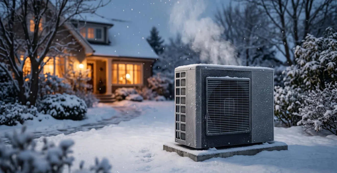 Unité extérieure de climatisation réversible couverte de givre dans un jardin enneigé au crépuscule, avec la chaleur d'une maison visible en arrière-plan