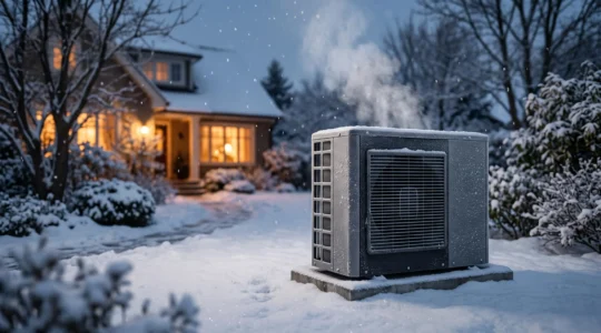 Unité extérieure de climatisation réversible couverte de givre dans un jardin enneigé au crépuscule, avec la chaleur d'une maison visible en arrière-plan