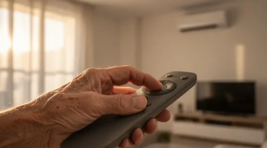 Main ajustant une télécommande de climatiseur dans un salon lumineux, symbolisant l'équilibre entre confort et économie d'énergie