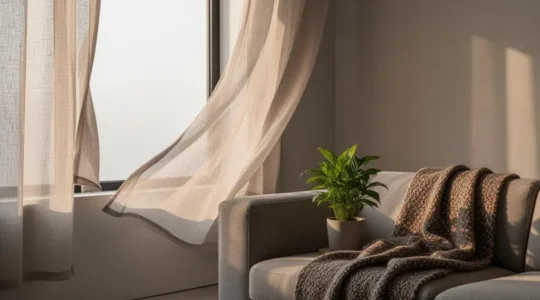 Salon lumineux et épuré avec une légère brise fraîche suggérée par un rideau qui ondule, illustrant une régulation intelligente de la climatisation