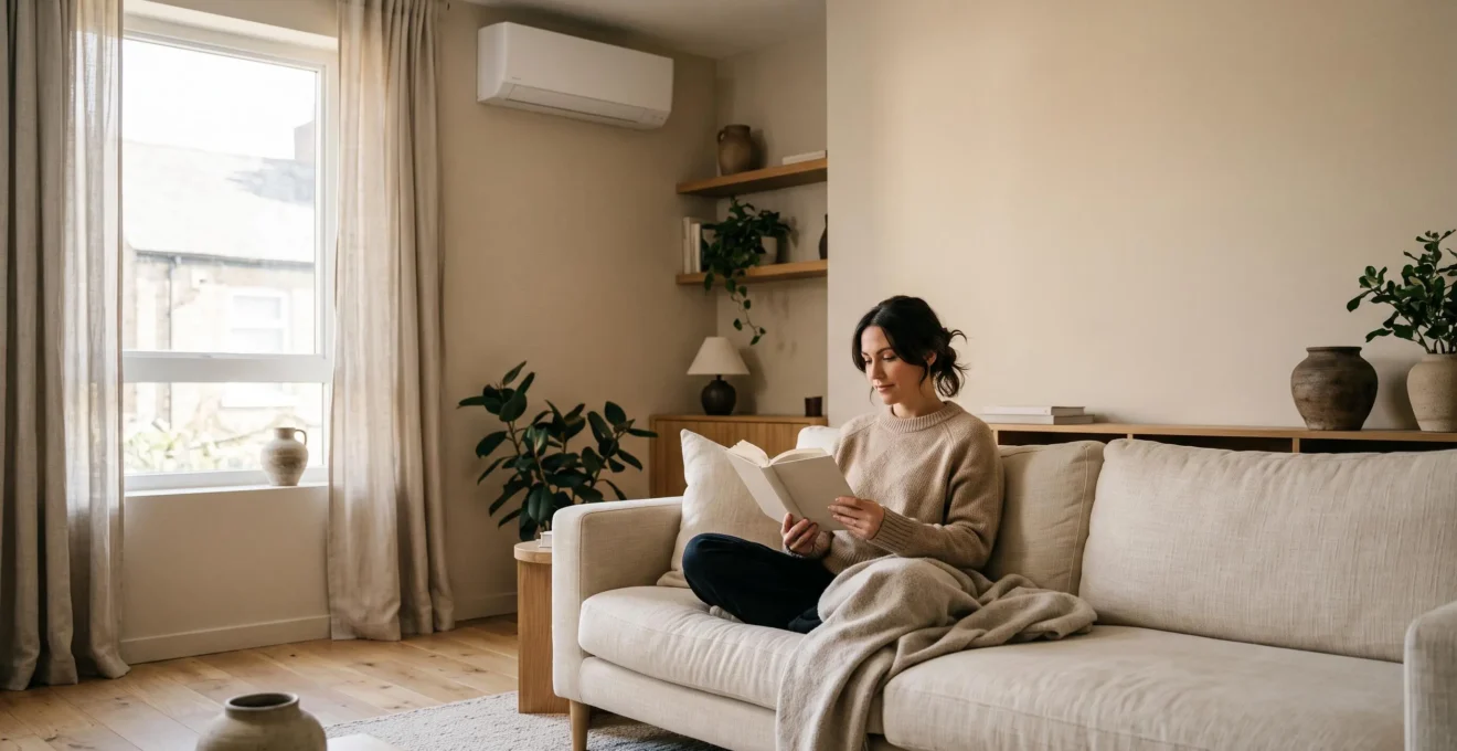 Salon lumineux et paisible avec une unité intérieure de climatiseur split discrètement installée près du plafond