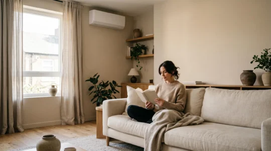 Salon lumineux et paisible avec une unité intérieure de climatiseur split discrètement installée près du plafond