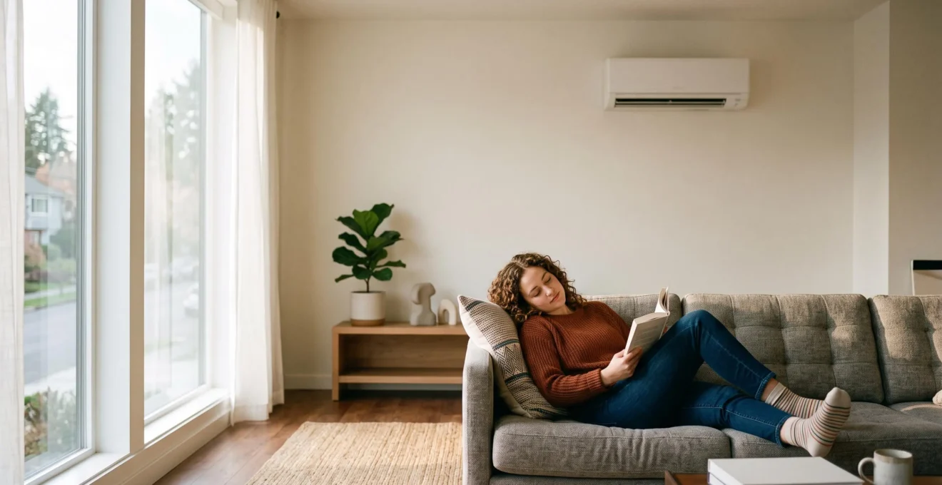 Studio moderne et lumineux avec climatiseur mural discret, illustrant l'équilibre parfait entre confort et sobriété énergétique