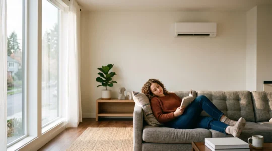 Studio moderne et lumineux avec climatiseur mural discret, illustrant l'équilibre parfait entre confort et sobriété énergétique