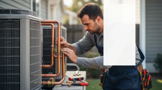 Technicien professionnel vérifiant minutieusement une unité de climatisation extérieure lors d'une inspection de qualité