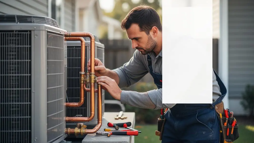 Technicien professionnel vérifiant minutieusement une unité de climatisation extérieure lors d'une inspection de qualité