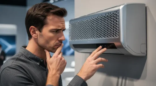 Un client examine attentivement les caractéristiques techniques d'un climatiseur dans un showroom lumineux avant de faire son choix