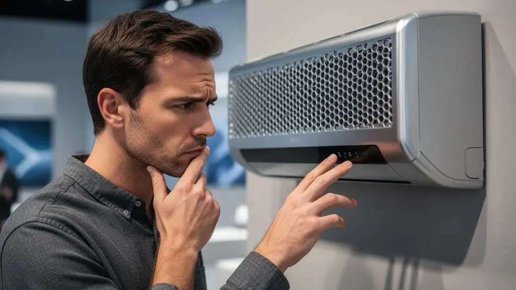 Un client examine attentivement les caractéristiques techniques d'un climatiseur dans un showroom lumineux avant de faire son choix