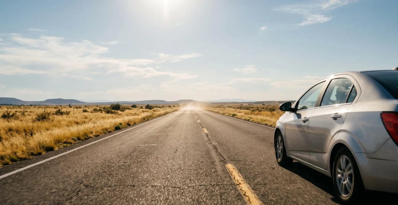 Voiture roulant sur une route de campagne baignée de chaleur estivale, symbolisant le confort apporté par une climatisation bien entretenue