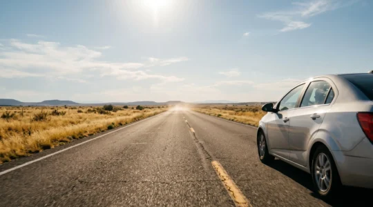 Voiture roulant sur une route de campagne baignée de chaleur estivale, symbolisant le confort apporté par une climatisation bien entretenue