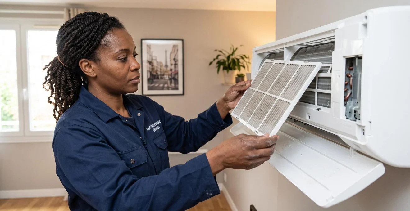 Technicien effectuant l'entretien d'un climatiseur en retirant le filtre à air pour inspection