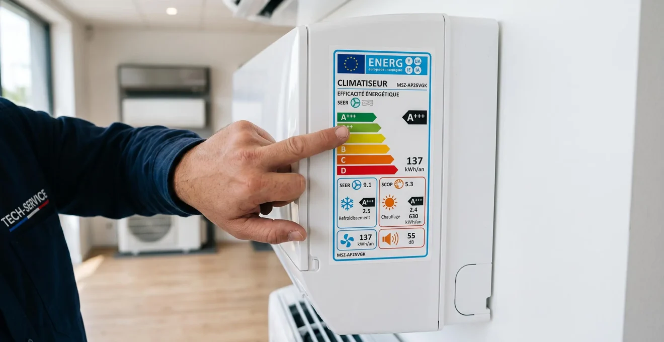 Main de technicien désignant l'étiquette énergétique européenne sur un climatiseur