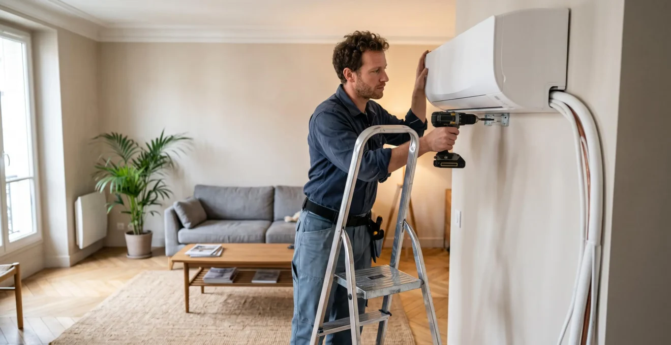 Technicien professionnel installant une unité de climatiseur split murale dans un salon résidentiel français