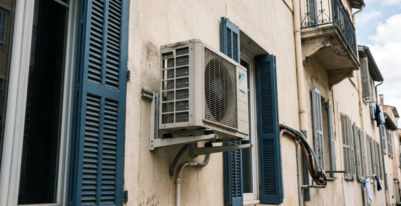 Unité extérieure de climatiseur split installée sur la façade d'un immeuble résidentiel français